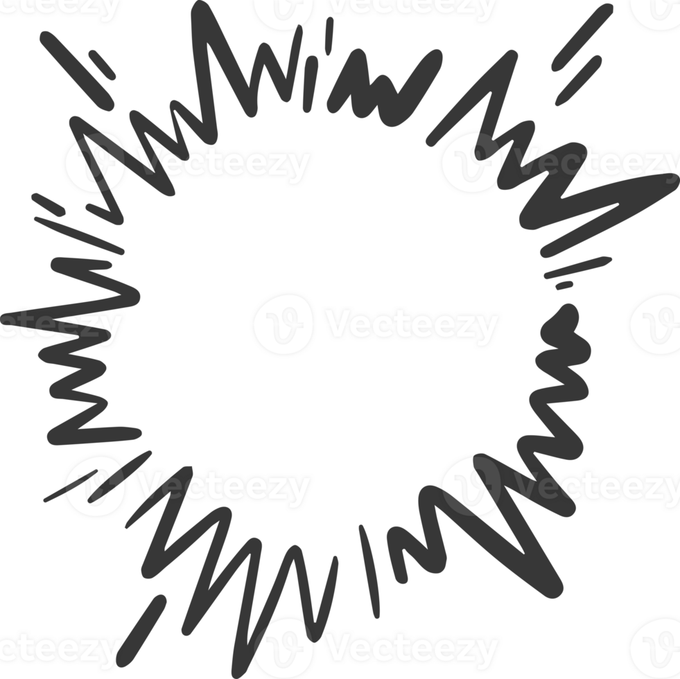 Cartoon explosion with sparks and splashes. Hand drawn sketch of circle frame. Comic boom effect. Radial graphic. Circle fight element. png