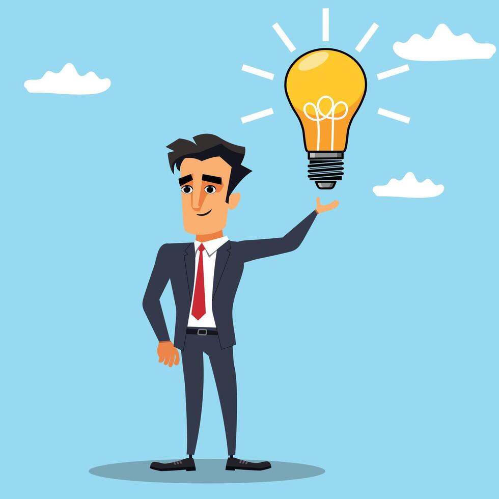 Businessman with a lightbulb moment, an idea or solving a problem, completing a task vector