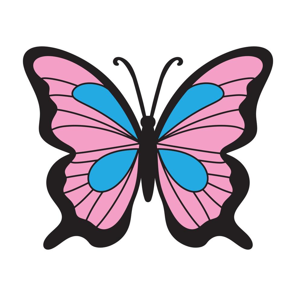 Hand drawn single pink and blue butterfly illustration isolated on white background. vector
