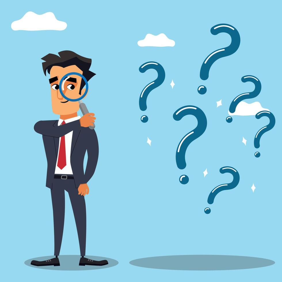 Confused Businessman looking through magnifying glass to solve a problem, searching for an answer concept vector