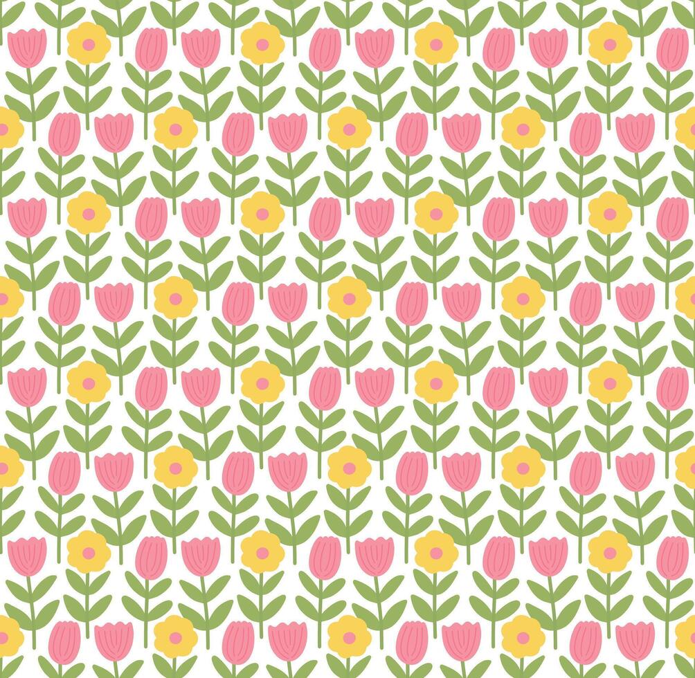 Bright spring floral seamless pattern background with hand drawn flowers doodle. Cute wallpaper print in naive Scandi graphic style. Mininalist floral backdrop for Easter, spring, summer design vector