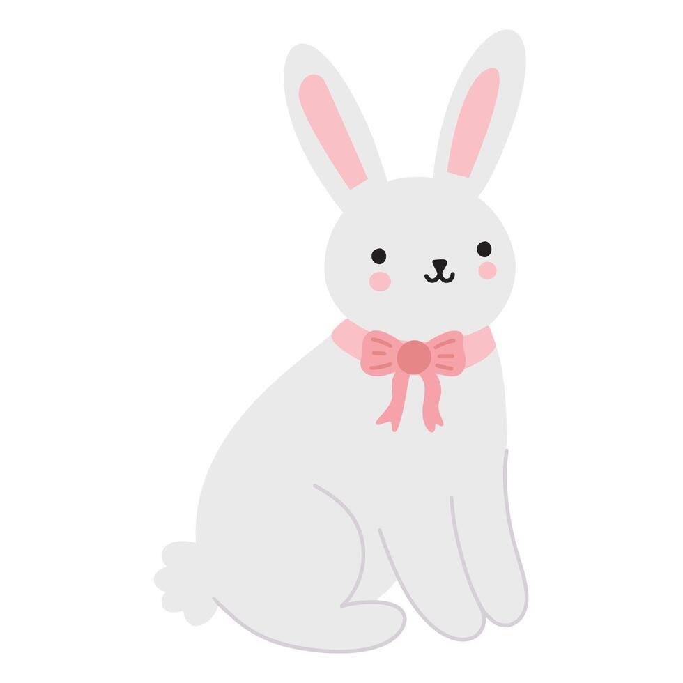 Cute grey bunny rabbit with a pink pet collar ribbon bow. Adorable hand drawn Easter animal character. illustration isolated on white background. vector