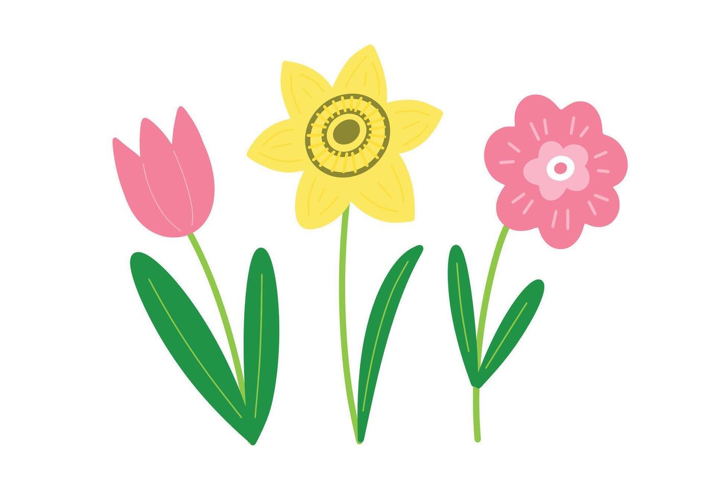 Three simple spring flowers doodle illustration in naive Scandi hand drawn graphic style. Minimalist stylized daffodil, tulip and daisy floral clipart for Easter, spring designs vector
