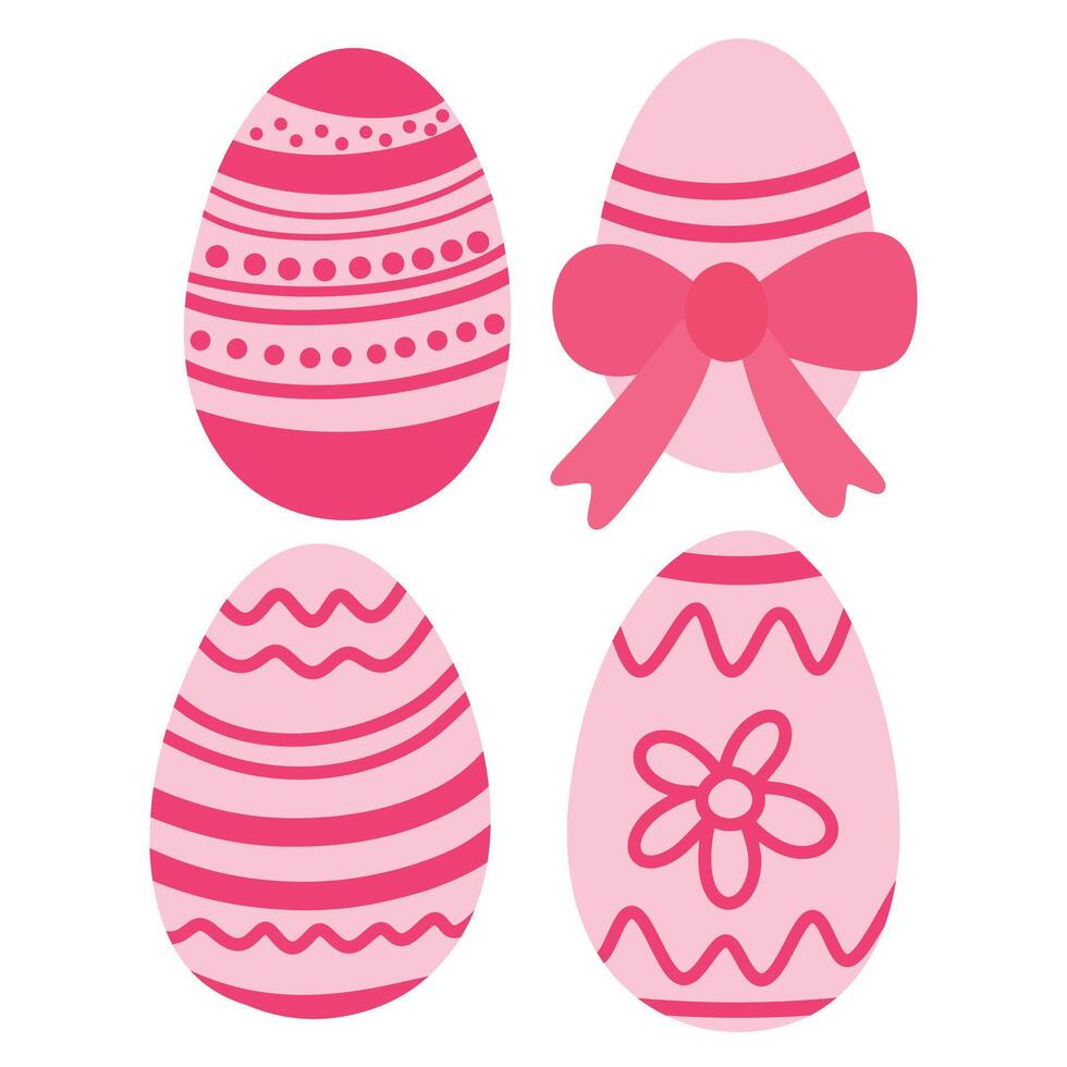 Set of cute pink Easter colored ornate eggs. Ribbon bow decorated eggs. Simple hand drawn clipart design element isolated on white background vector