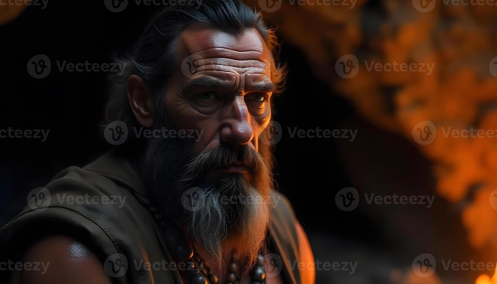 Grizzled Caveman, Fiery Gaze, Ancient Wisdom photo