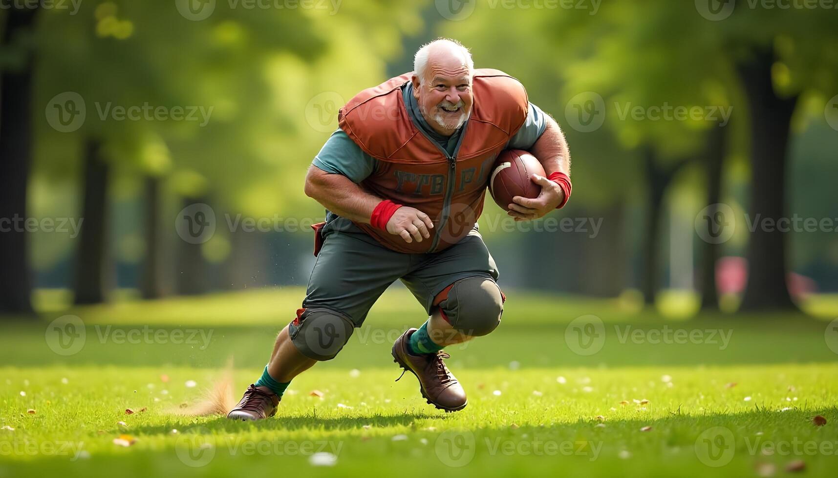 Senior Athlete, Joyful Run, American Football, Park Setting, Active Retirement, Green Grass, Healthy Lifestyle, Smiling Senior, Energetic Old Man photo