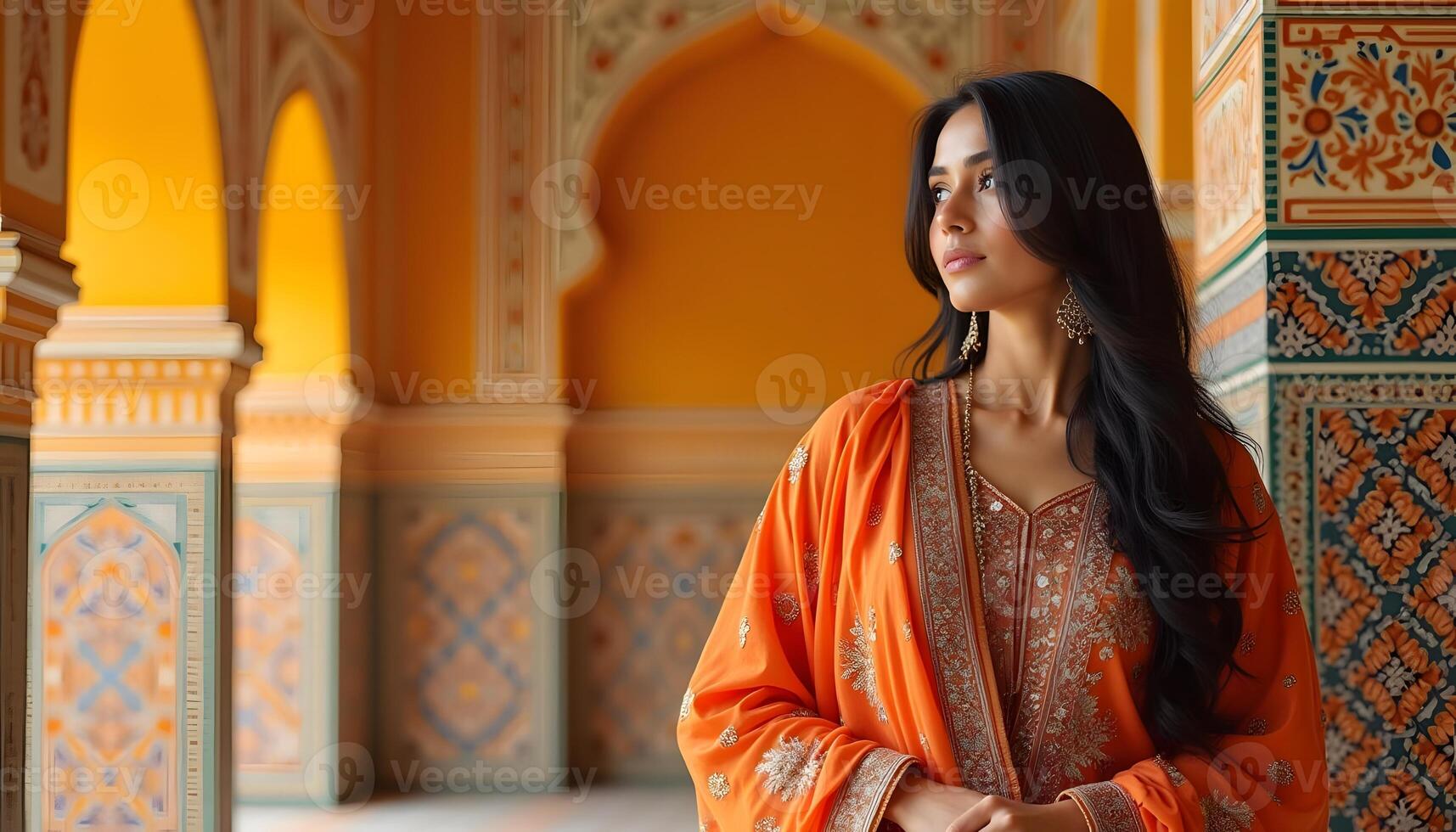 Elegant Woman in Orange Traditional Dress at Palace photo