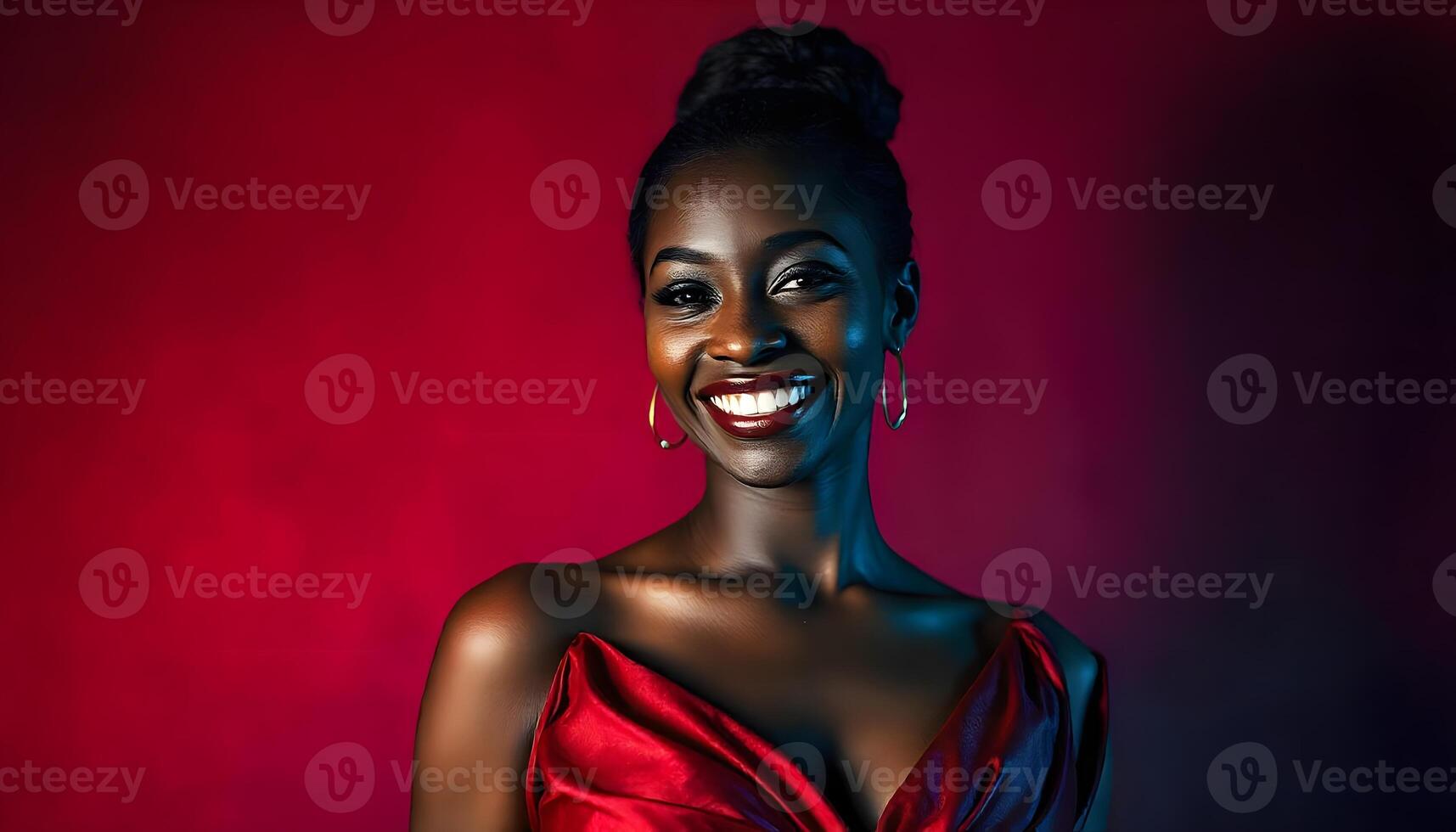 Radiant Beauty A Portrait of a Smiling Woman in a Red Dress photo