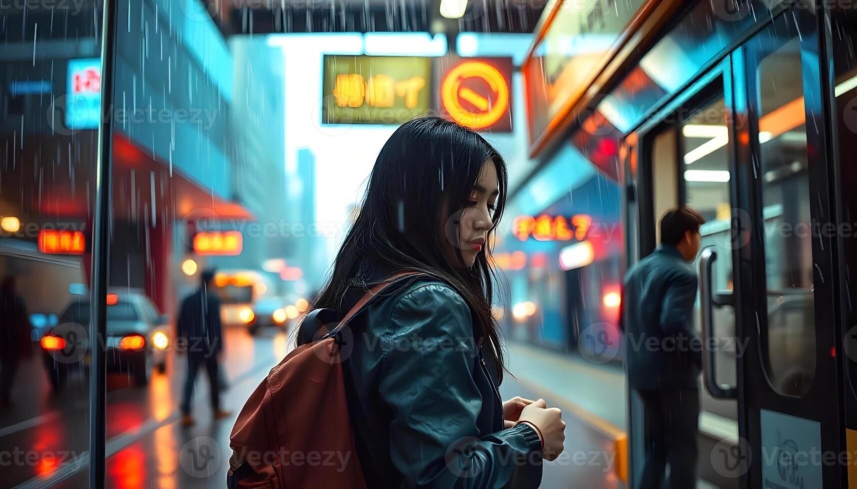Rainy Night in the City A Woman Waiting Under the Shelter of a Bus Stop photo