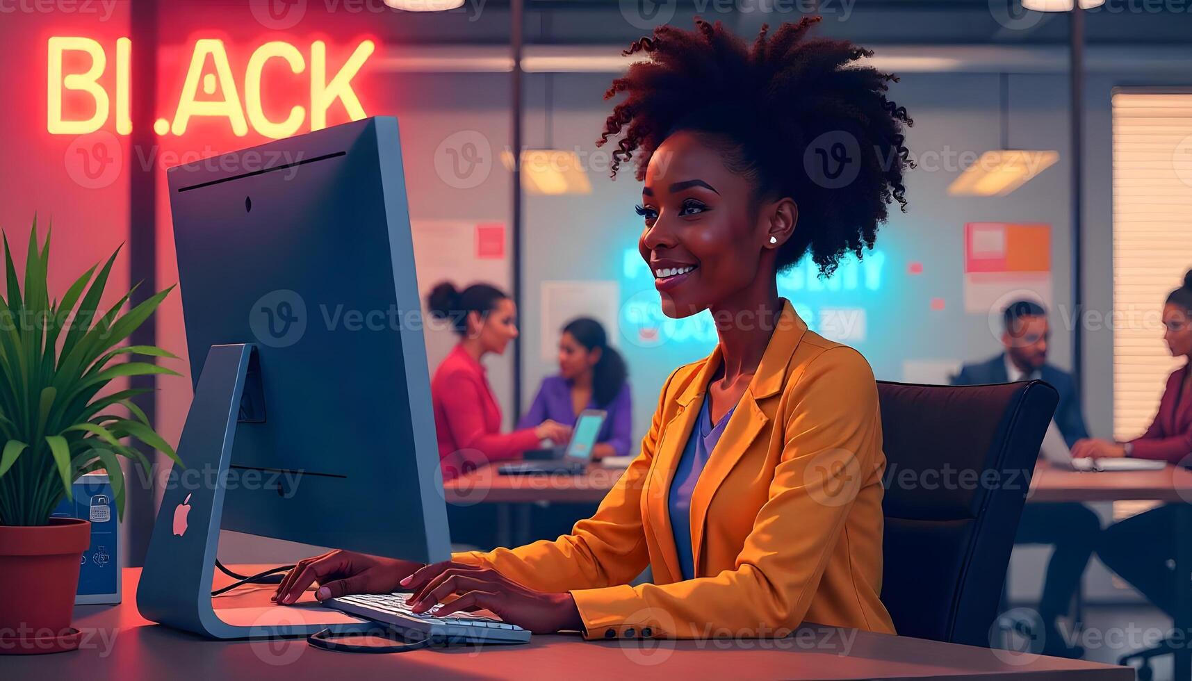 Smiling Black Woman Working on Desktop Computer in Modern Office photo