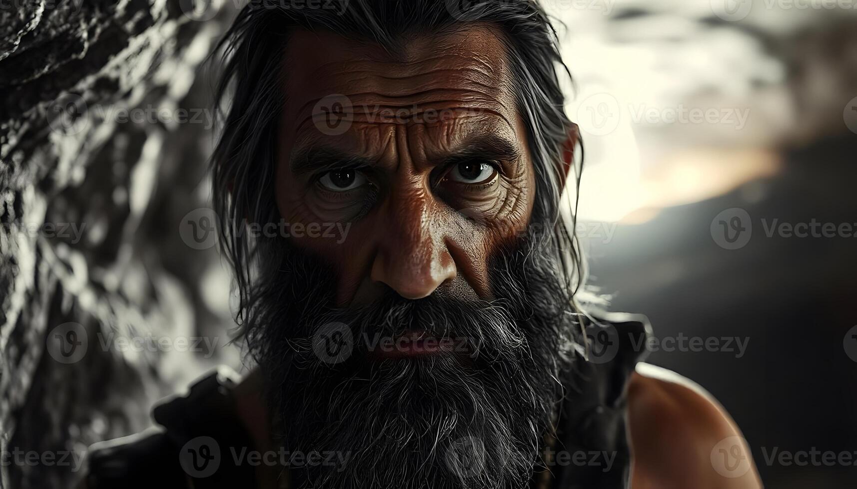 Intense Gaze of a Bearded Old Man in a Cave photo