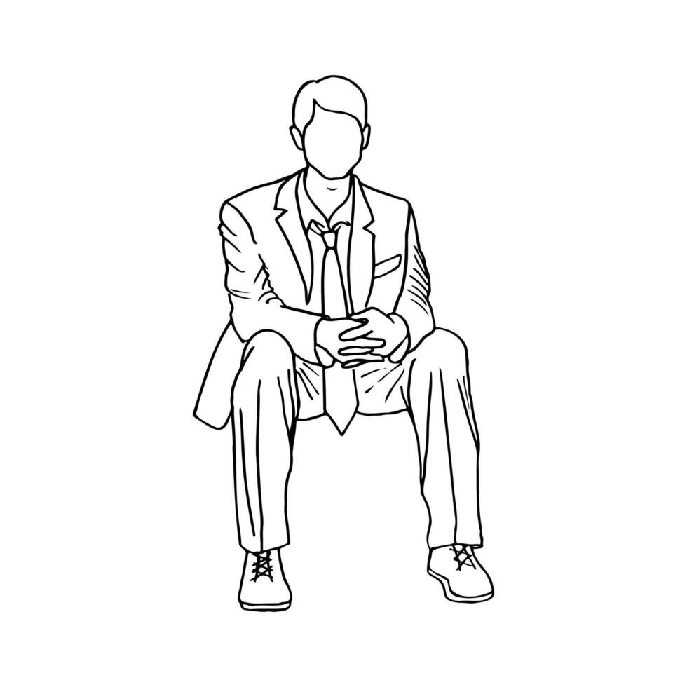 young man in suit sitting, portrait without face - hand drawn line art vector