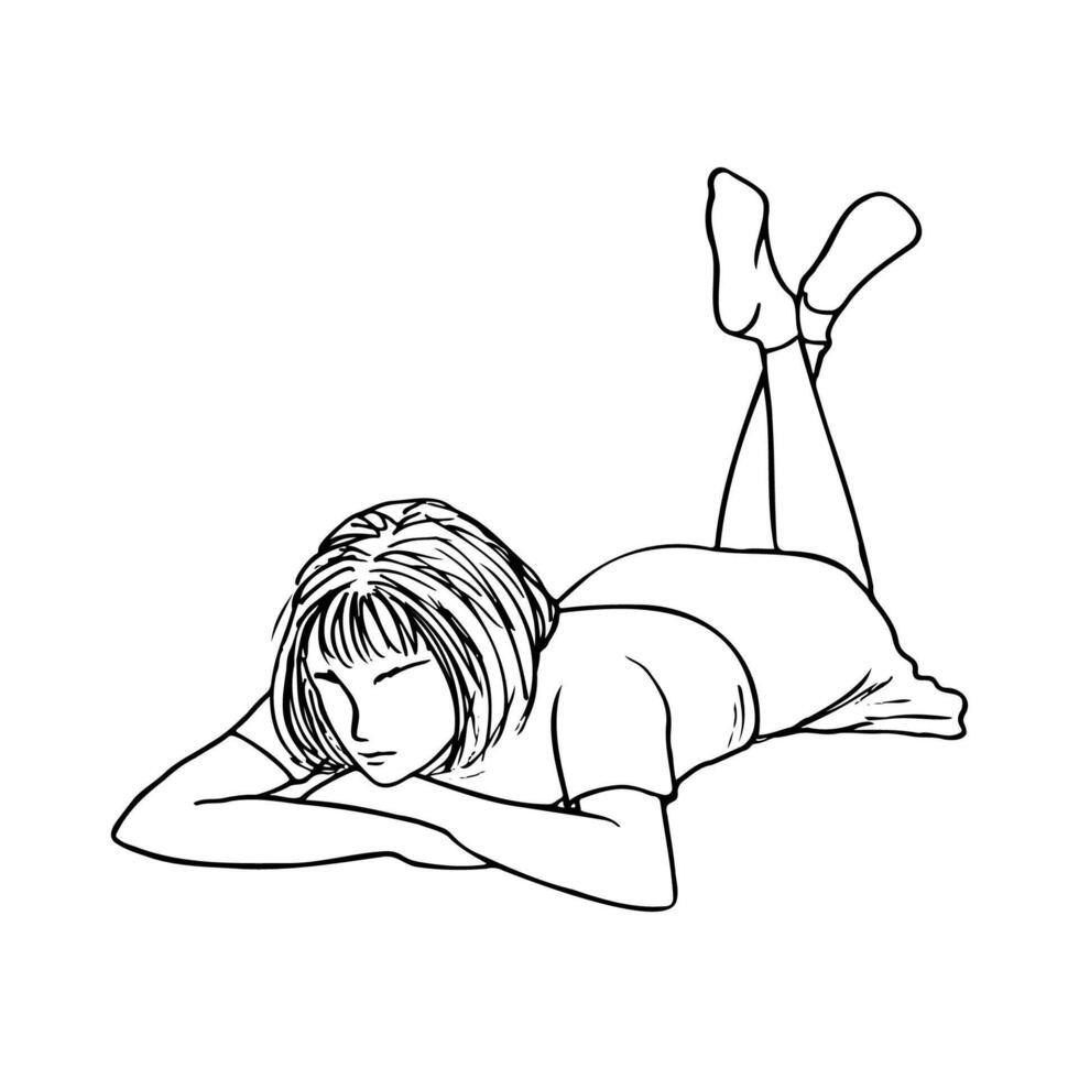 young woman lying on her stomach resting head on her hands, legs bent at the knees, portrait without a face - hand drawn line art vector