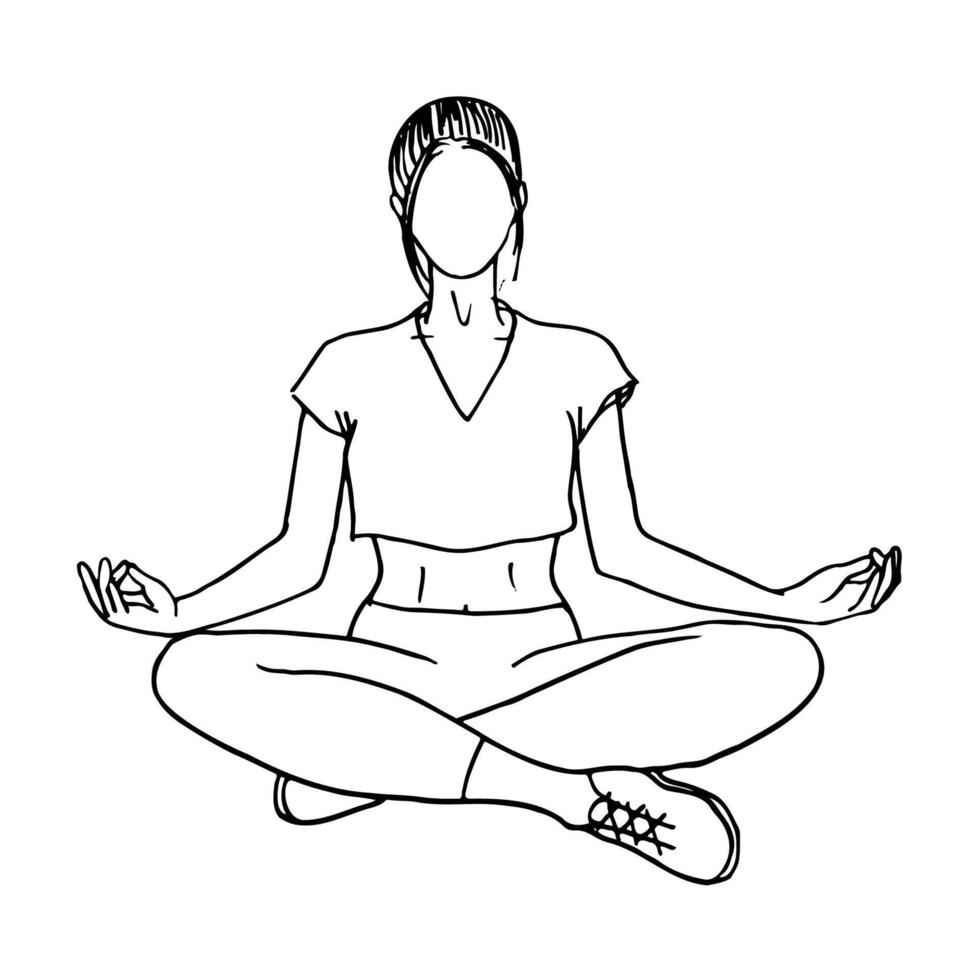 woman in lotus position in crop top, leggings and sneakers, portrait without a face - hand drawn line art vector