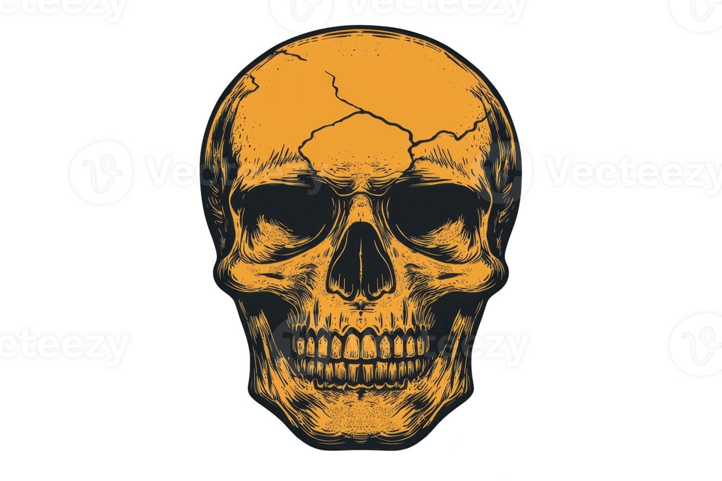 A detailed illustration of cracked skull in orange color, showcasing intricate features and textures, perfect for Halloween or gothic themes png