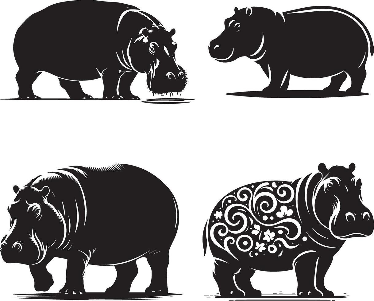 Hippopotamus silhouette art collection and white background vector