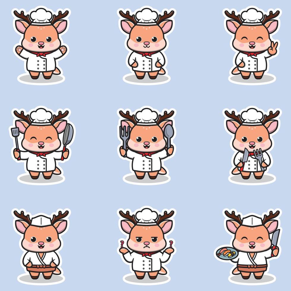 Illustrations of cute Deer chef mascot cartoon character. Illustration Collection of Deer icon isolated. vector