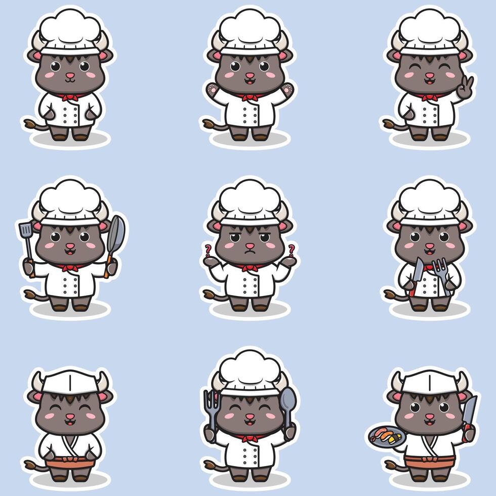 Illustrations of cute Buffalo chef mascot cartoon character. Illustration Collection of Buffalo icon isolated. vector