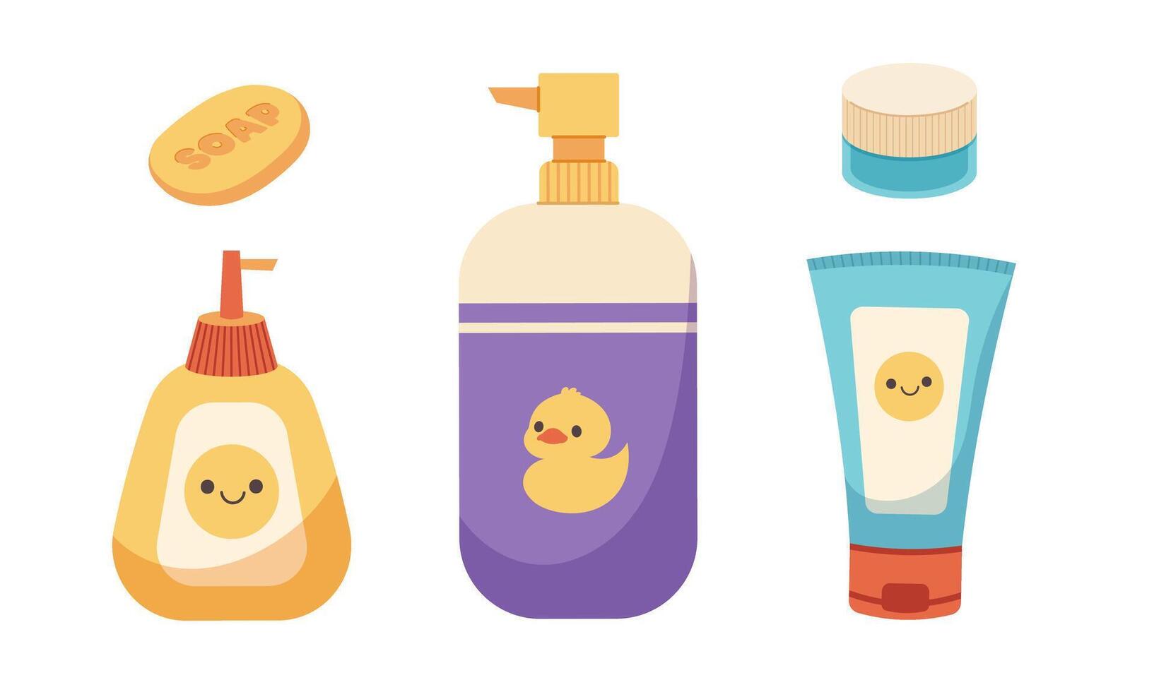 Baby bathing bottle set. Soap, shampoo, cream, shower gel. Flat elements isolated vector