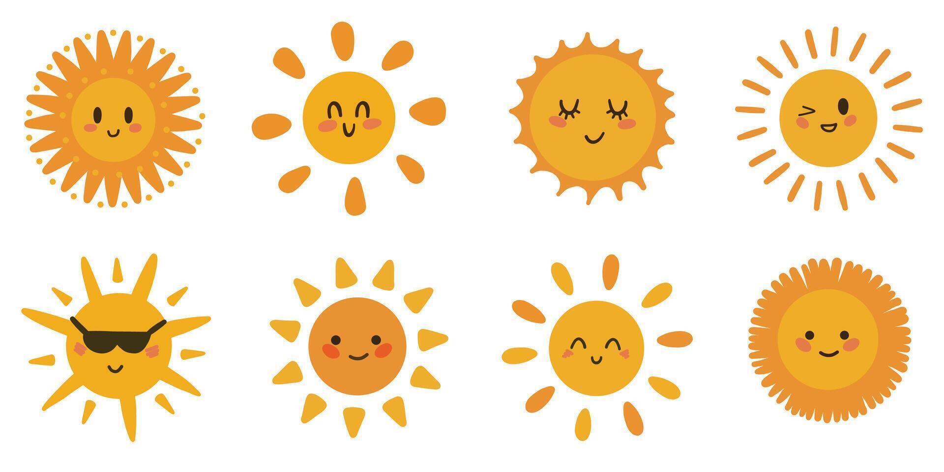Set of hand drawn funny cute sun icon illustration. Happy smiling sun. Dear sun. Sunshine emoji. Funny emotions. . EPS10 vector