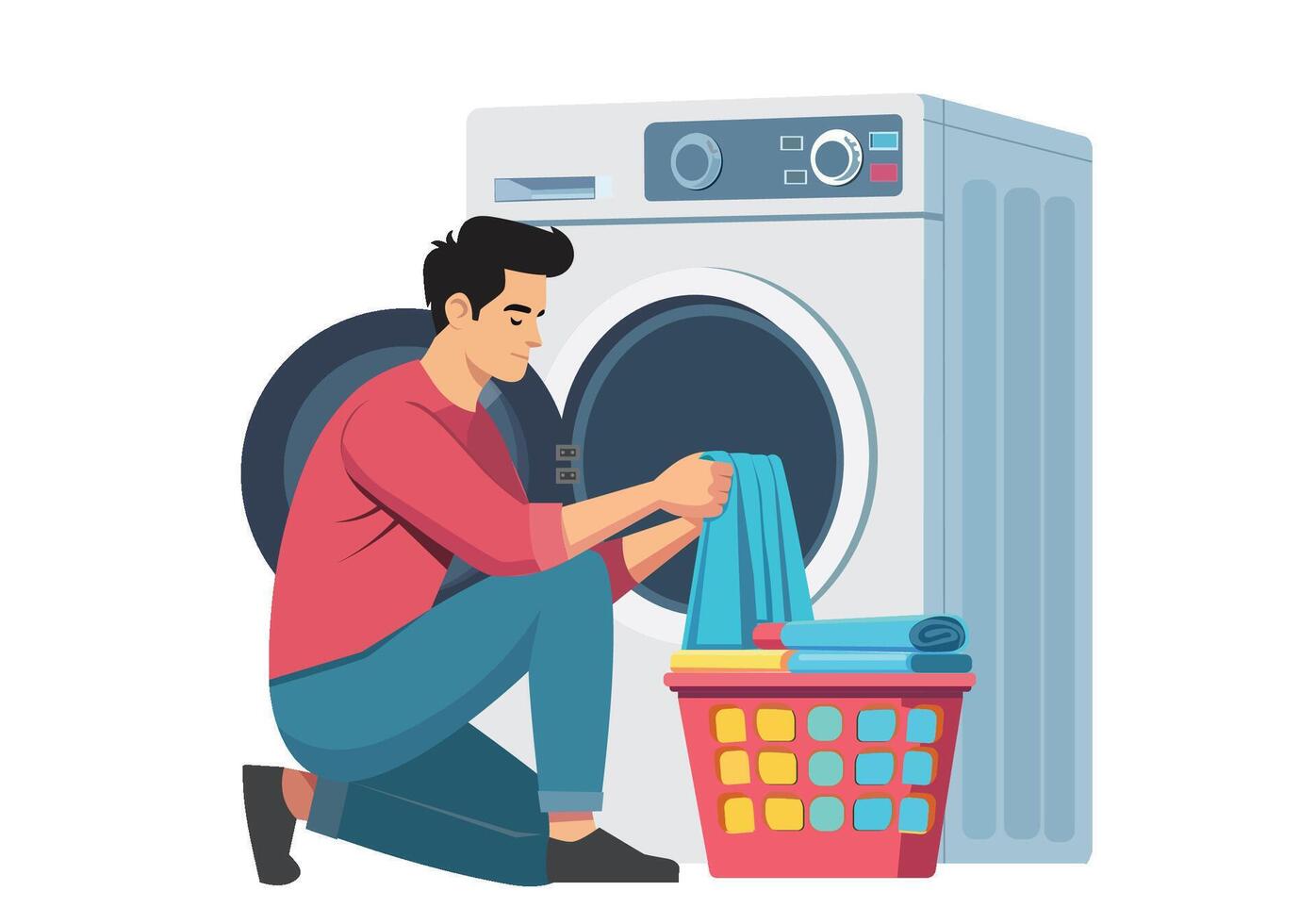 Illustration of a man putting laundry into the washing machine. blank background vector