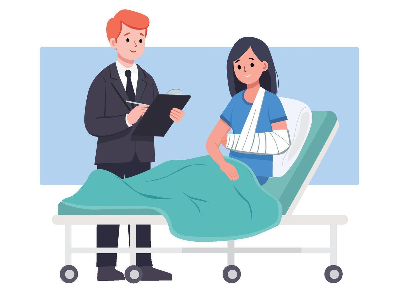 Flat illustration of an insurance agent visiting a female customer with a broken arm. vector