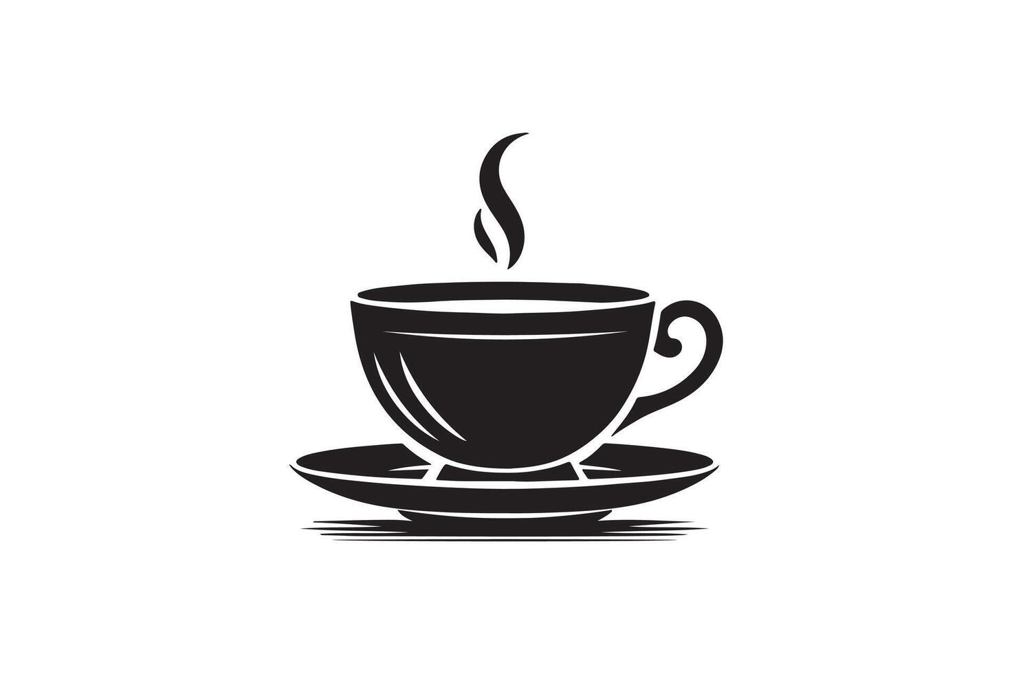 Minimalist Black and White Steaming Coffee Cup on Saucer. vector