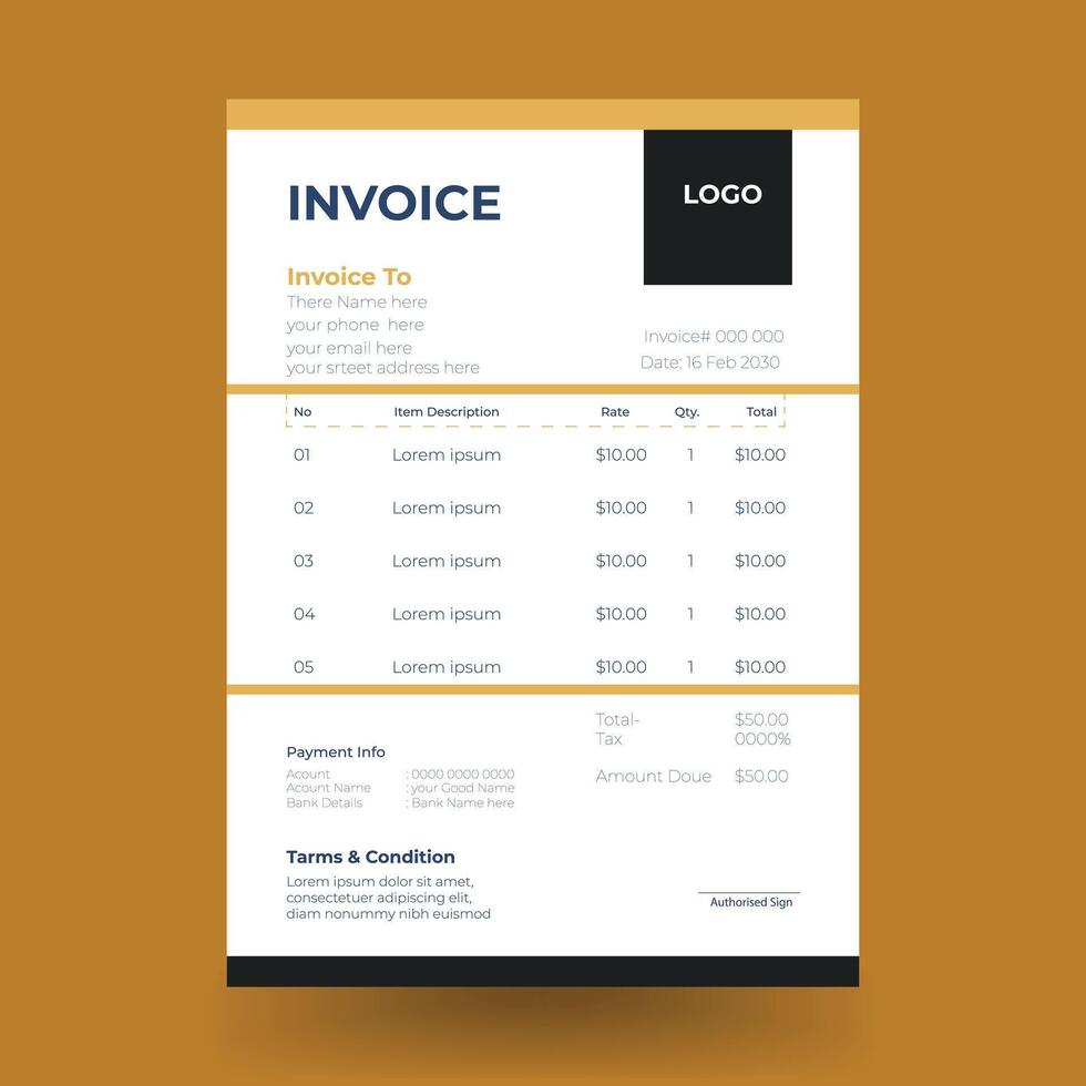 Minimalist yellow and blue invoice template design vector