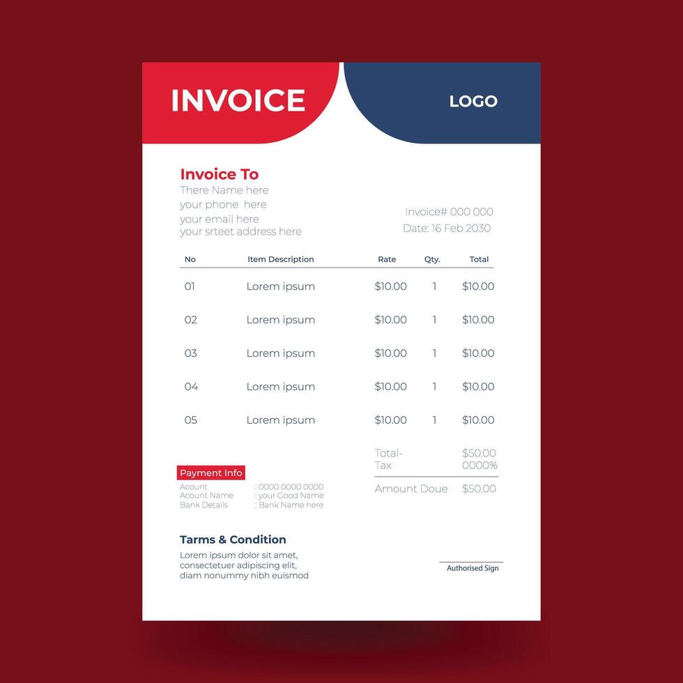 Minimalist red and blue invoice template design vector