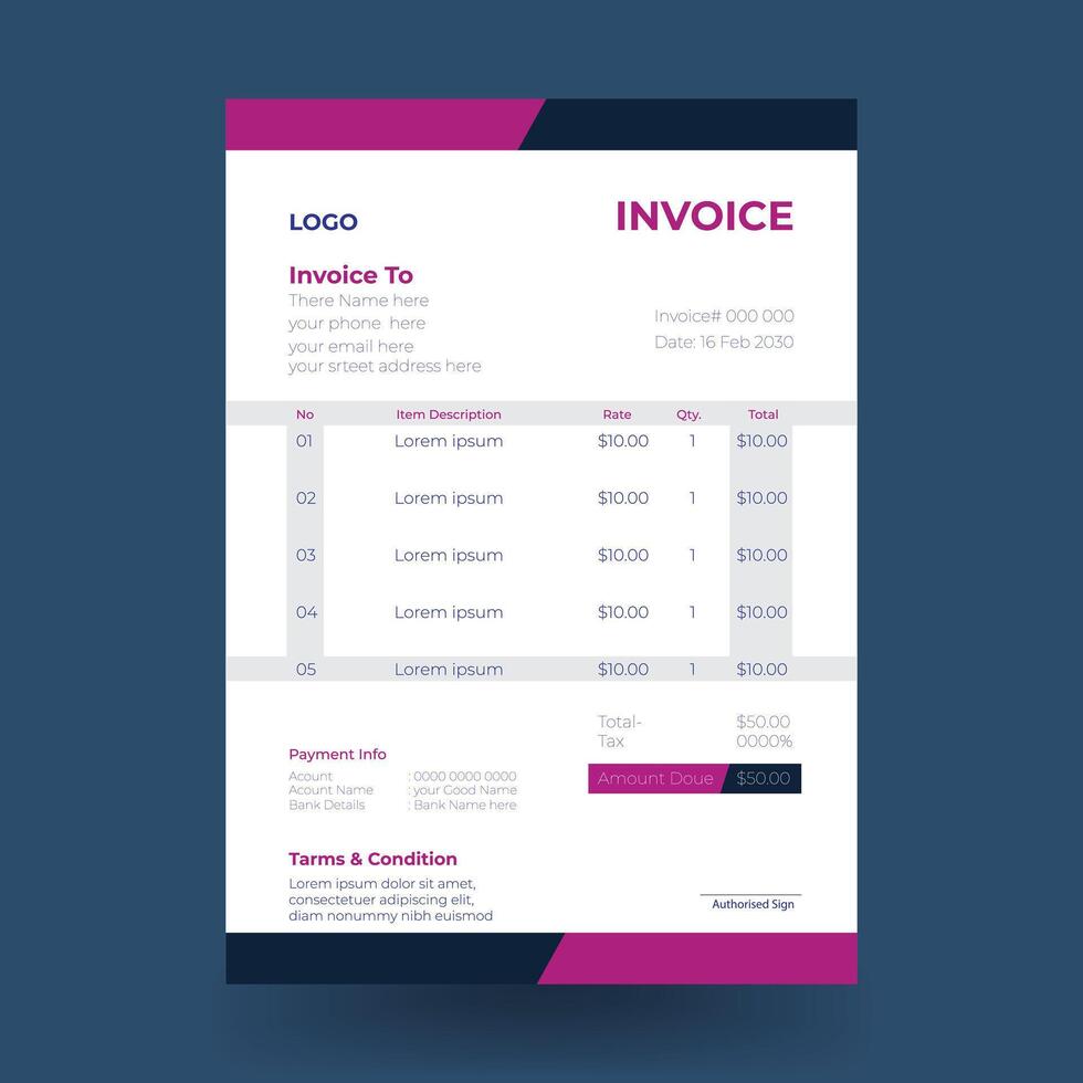 Minimalist purple invoice template design vector