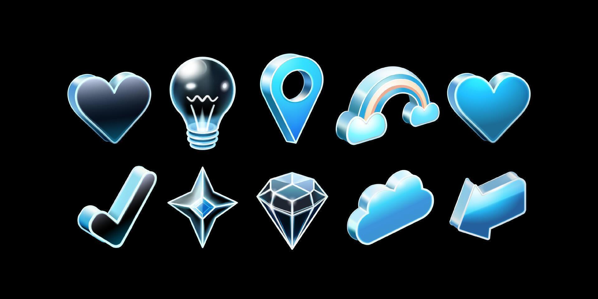 3D glass symbol elements heart, lamp, location, arrow, rainbow, starlight, crystal, check mark and cloud. Suitable for design elements vector