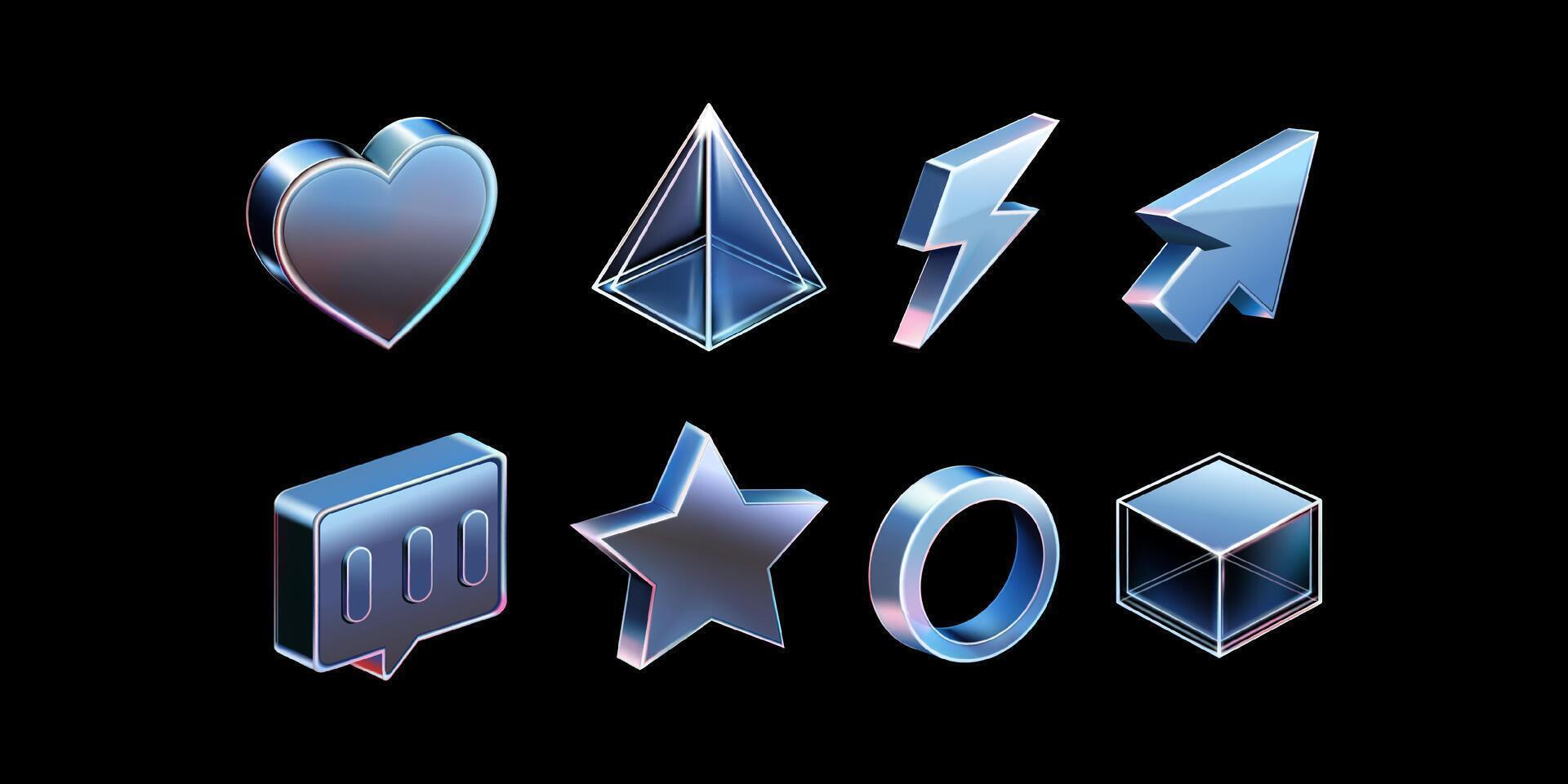 3D glass symbol elements heart, triangle, lightning, arrow, chat, star, circle and square. Suitable for design elements vector