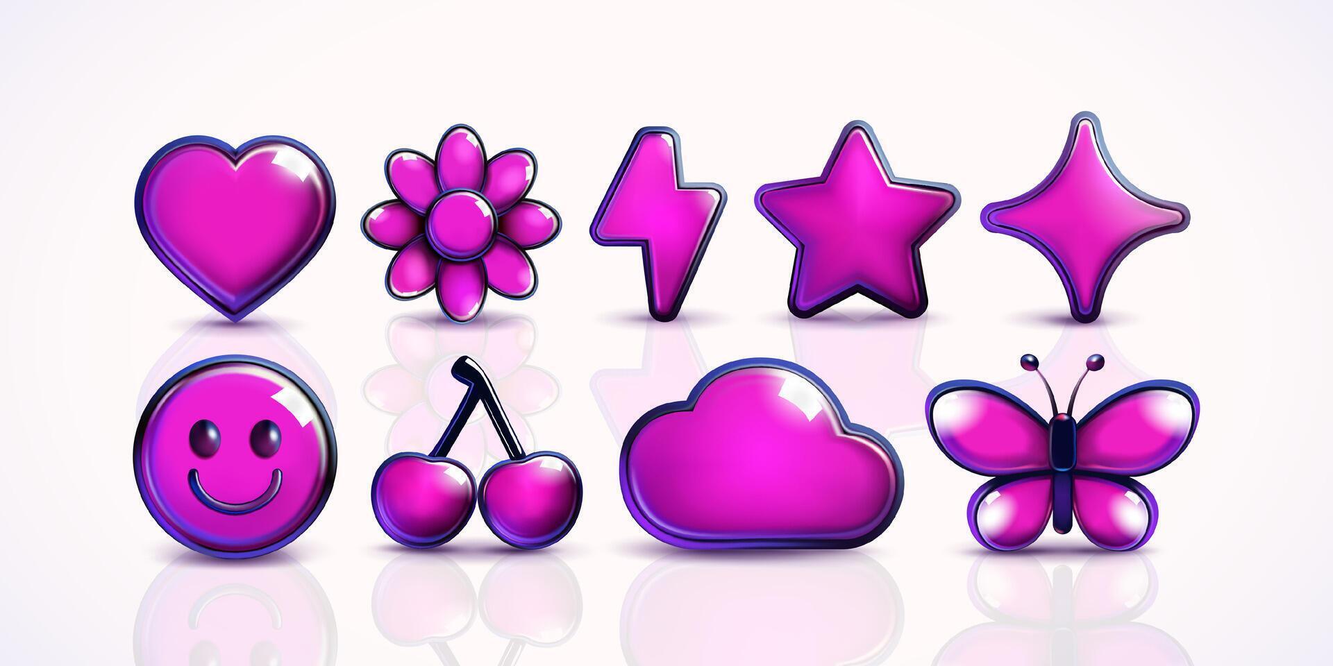 3D glass symbols heart, flower, lightning, star, cherry, cloud and butterfly elements. Suitable for design elements vector