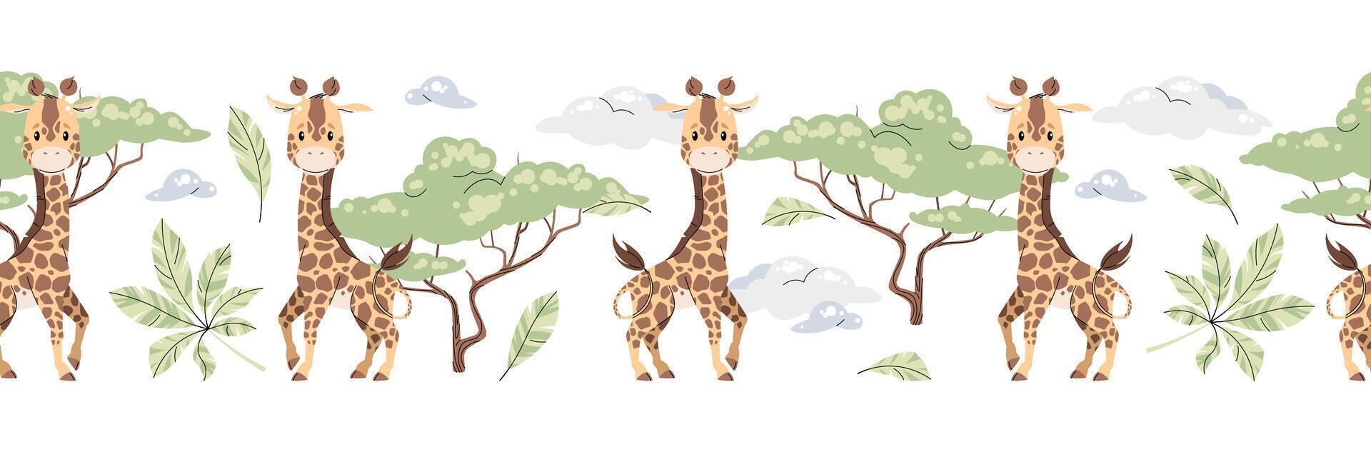 Horizontal seamless border with Cute giraffe with acacia and clouds. repeating illustration of African animal for kids wallpaper, tape, fabric etc. vector