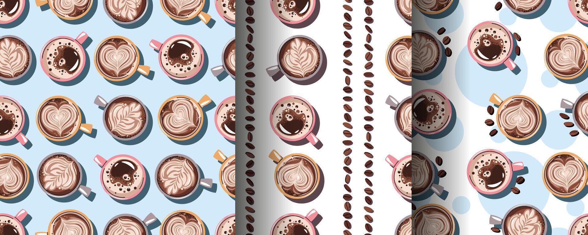 Set of Seamless patterns with a cup of coffee and coffee beans. Repeating texture with hot coffee beverage for fabric, vector