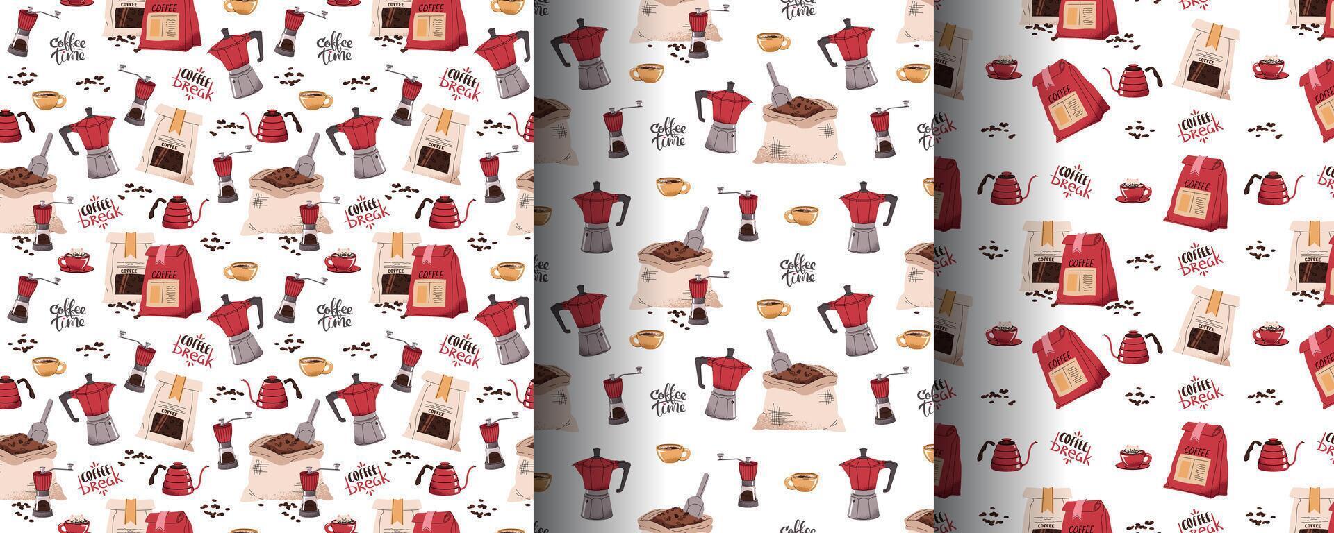Set of Seamless patterns with coffee bag, moka pot, teapot, coffee grinder. Repeating texture with coffee accessories and tools. Barista tools vector