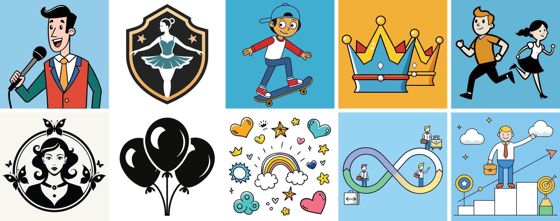 A Collection of Diverse Colorful Illustrations Featuring People and Objects vector