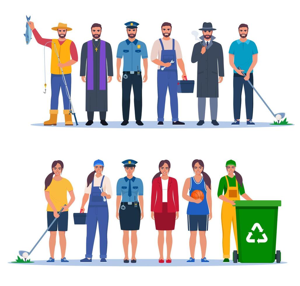 Job and professions set. Men ad women in uniforms, different occupation, work. Same man and woman characters in different occupations. illustration. vector