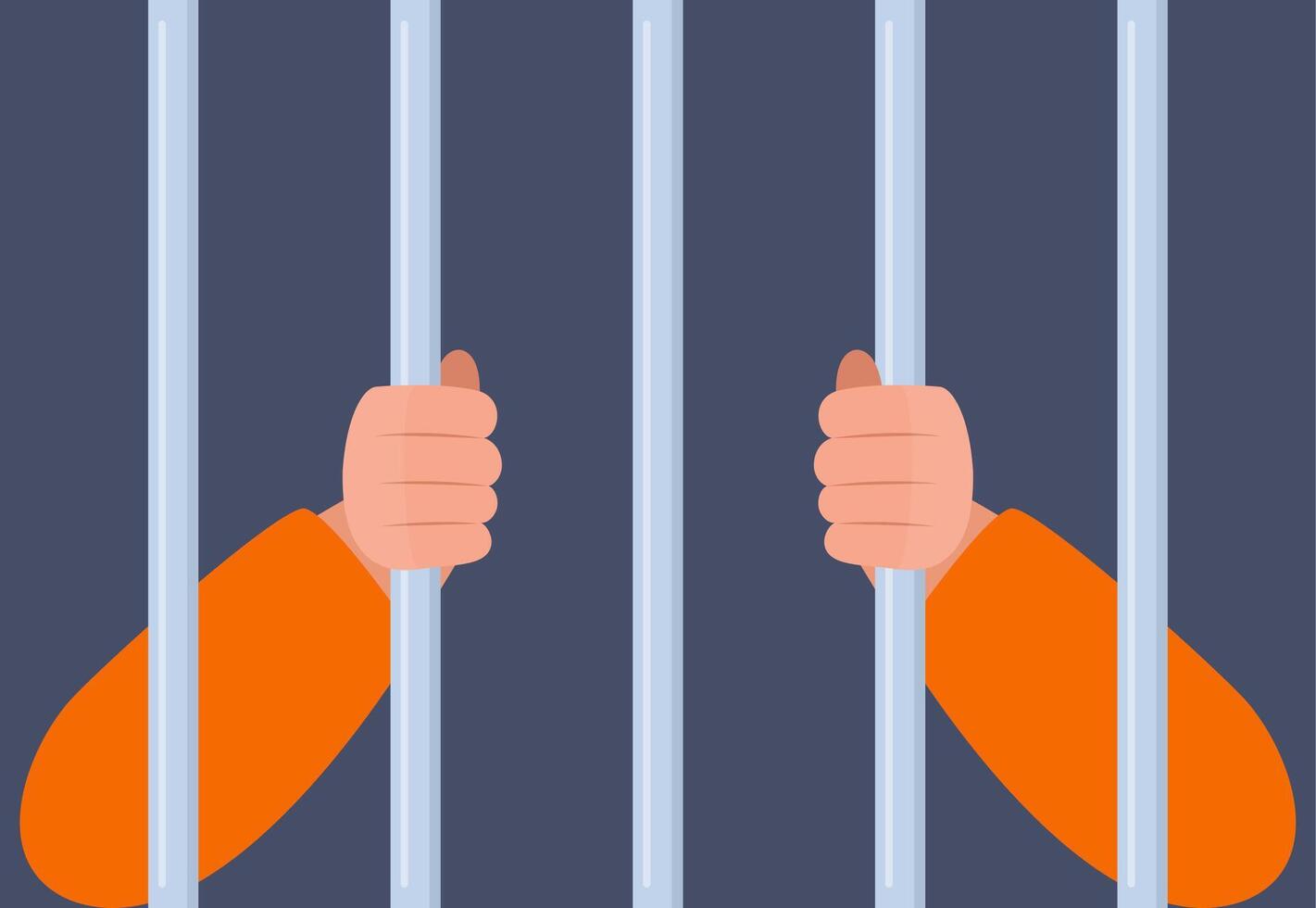 Hands holding prison bars. Human in jail in handcuffs. Arms of male prisoner in handcuffs holding jail bars. Hands of criminal person serve sentence in prison. Arrested guilty man. . vector