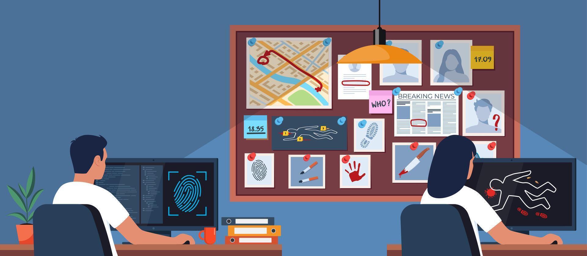 Investigation department office with investigation board. Police officers viewing suspect fingerprints and crime scene on computer screen, analyze criminal case information. illustration. vector