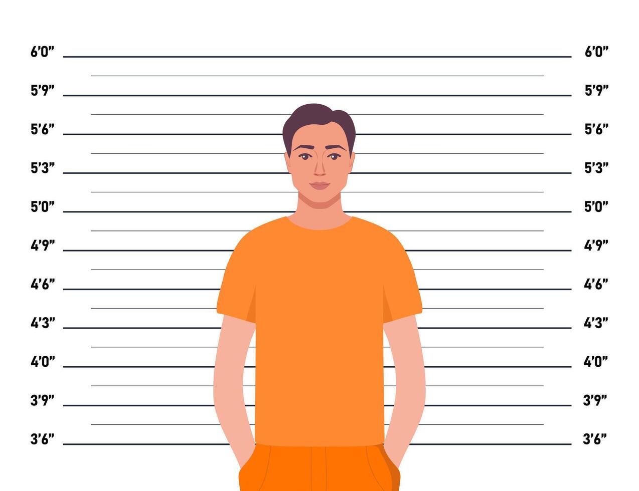 Criminal mugshot front view on measuring scale background. Prisoner man in orange robe posing for identification photo. illustration. vector