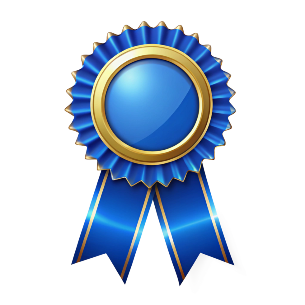 Elegant Blue ribbon Certificate Badge Achievement icon with golden border on transparent background png