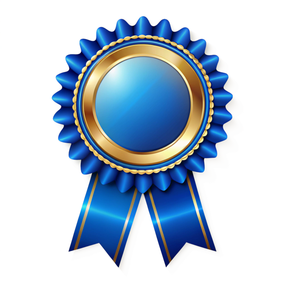 Elegant Blue ribbon Certificate Badge Achievement icon with golden border isolated on transparent background png