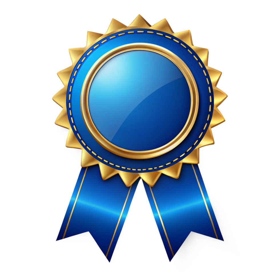 Blue ribbon Certificate Badge Achievement icon with golden border isolated on transparent background png