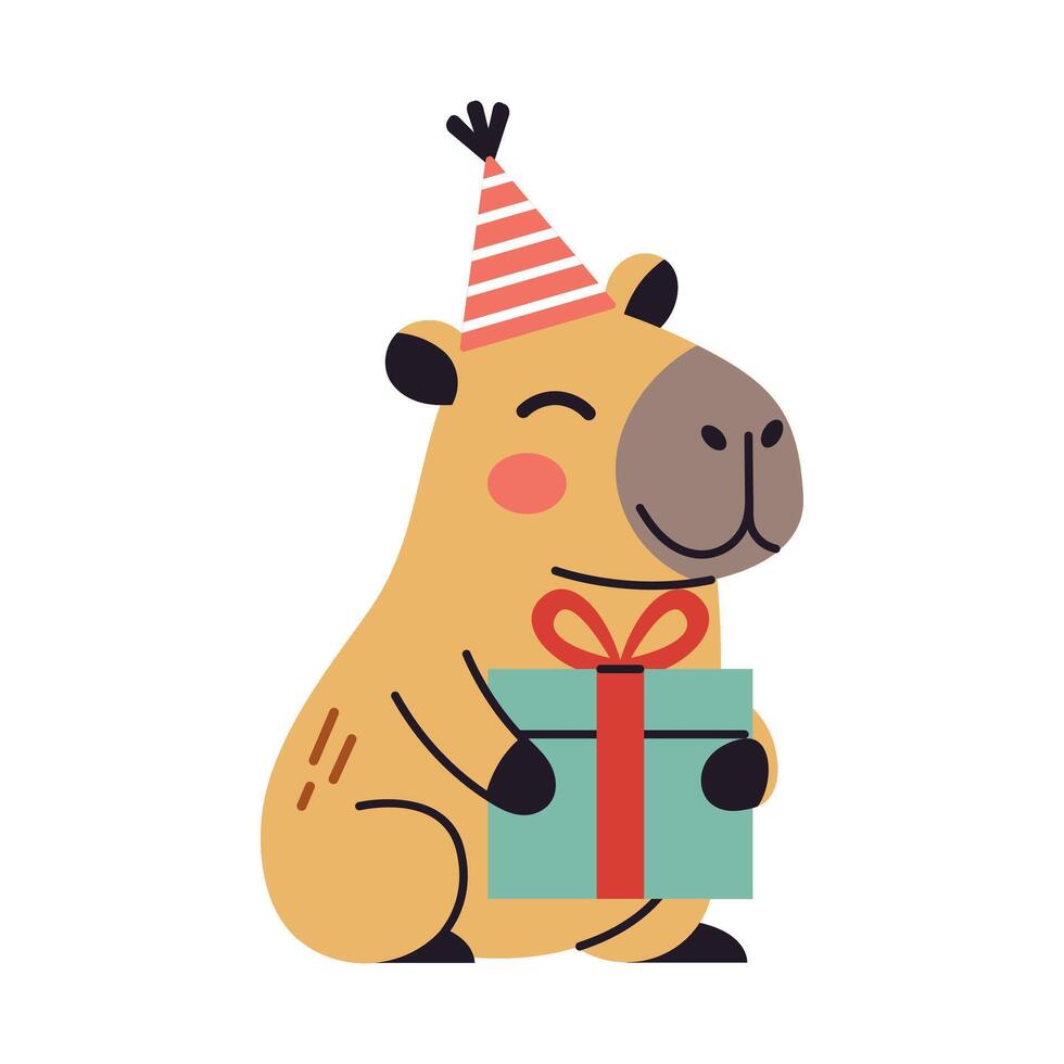 Cute capybara character at a birthday event with gift. Flat clipart perfect for holiday decor and charming graphic elements. vector