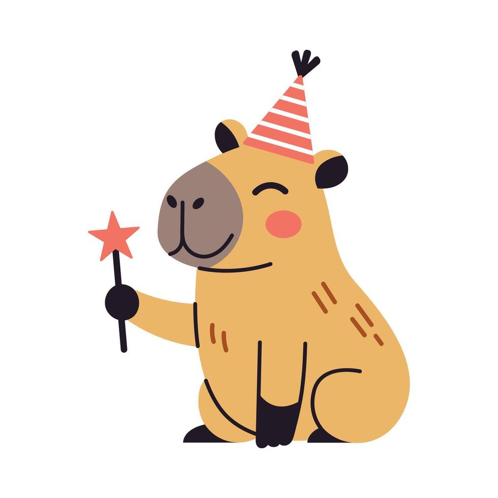 Charming cute capybara character with wand. Flat illustration of capybara animal for childrens designs, clip art, and event decor. vector
