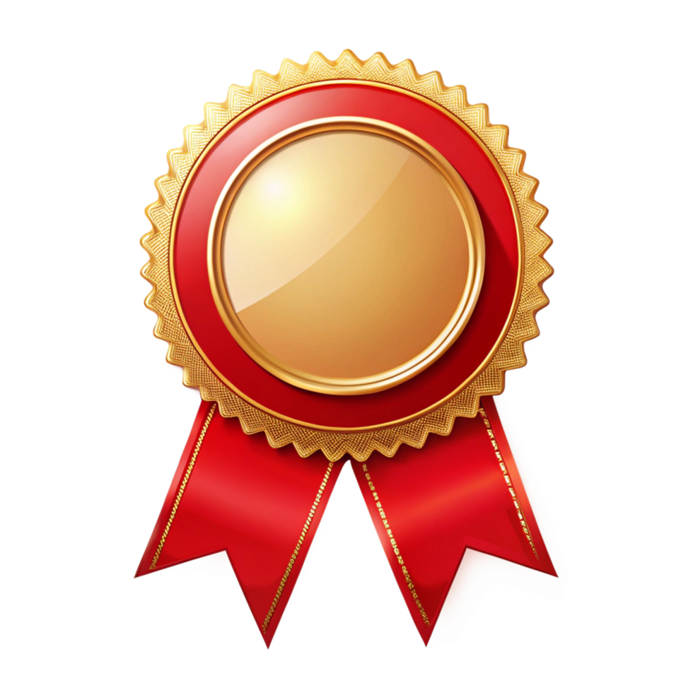 Red ribbon Certificate Badge Achievement icon with golden border on transparent background png