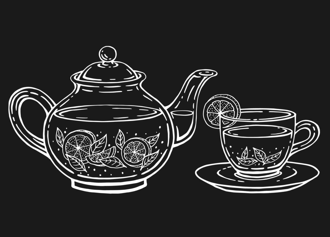 Tea set with healthy green tea, lemon slices, tea leaves. Teapot and cup. Hand drawn vector