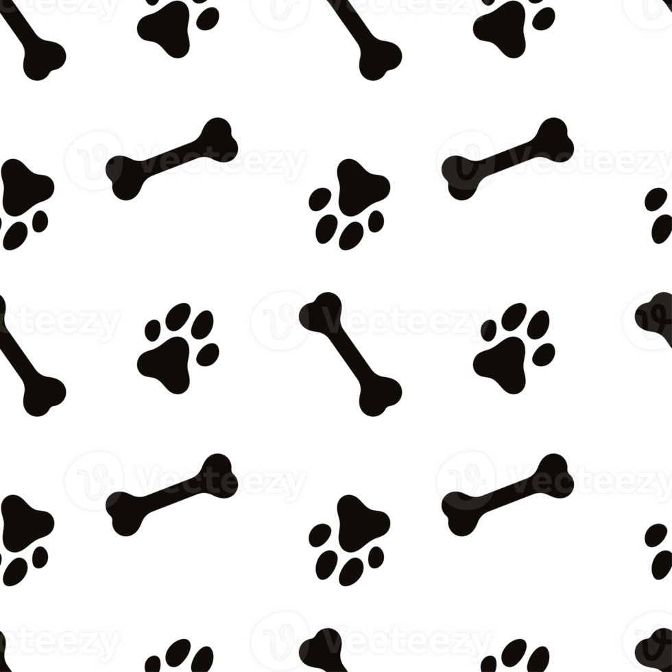 Dog Paw Seamless pattern. Dog footprint and bone repeating pattern. Black and white pattern with dog tracks and bone png