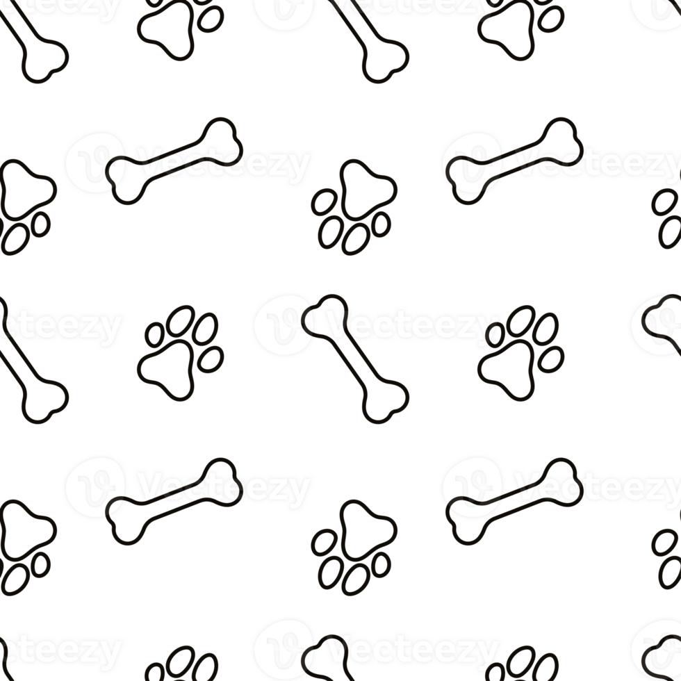 Dog Paw Seamless pattern. Dog footprint and bone repeating pattern. Black and white pattern with dog tracks and bone. Dog track and bone outline png